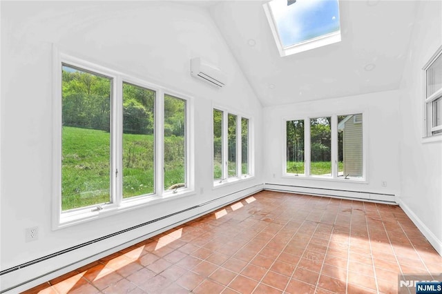 11 Deer Meadow Rd, Warwick, NY 10990 - unfurnished sunroom with a baseboard heating unit, a wall mounted air conditioner, tile patterned floors, and high vaulted ceiling
