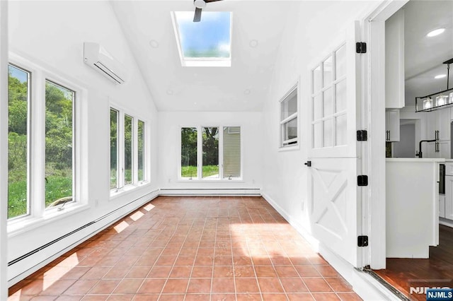 11 Deer Meadow Rd, Warwick, NY 10990 - unfurnished sunroom featuring a wall unit AC, a skylight, recessed lighting, baseboard heating, and high vaulted ceiling