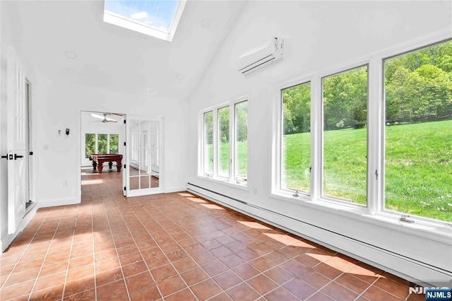 11 Deer Meadow Rd, Warwick, NY 10990 - unfurnished sunroom with a baseboard radiator, an AC wall unit, high vaulted ceiling, tile patterned floors, and billiards table