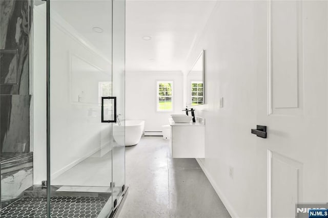 11 Deer Meadow Rd, Warwick, NY 10990 - full bath featuring ornamental molding, vanity, a baseboard heating unit, a shower stall, and baseboards