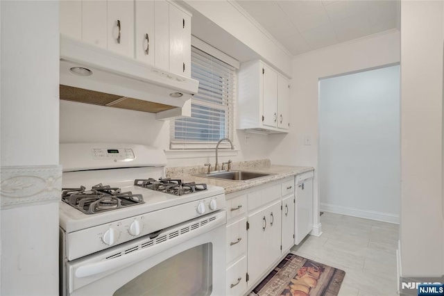 474 Laurel Brook Dr, Brick, NJ 08724 - kitchen featuring white gas stove, under cabinet range hood, a sink, crown molding, and white cabinetry