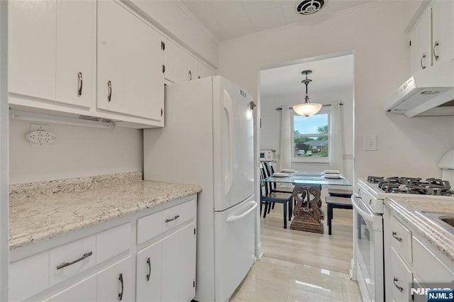 474 Laurel Brook Dr, Brick, NJ 08724 - kitchen featuring under cabinet range hood, white appliances, white cabinetry, crown molding, and decorative light fixtures