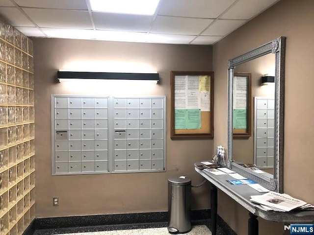 view of community featuring mail area and a drop ceiling