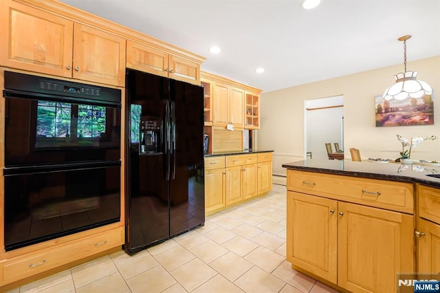 kitchen with black appliances, light tile patterned floors, recessed lighting, decorative light fixtures, and dark stone countertops