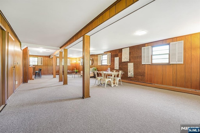 below grade area featuring carpet and wood walls