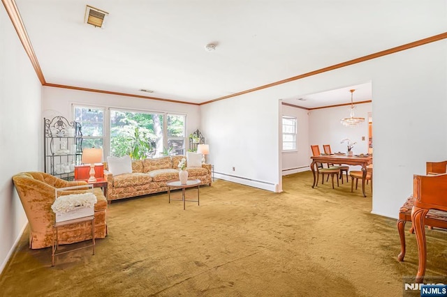 carpeted living room featuring crown molding, a baseboard radiator, a chandelier, and baseboards