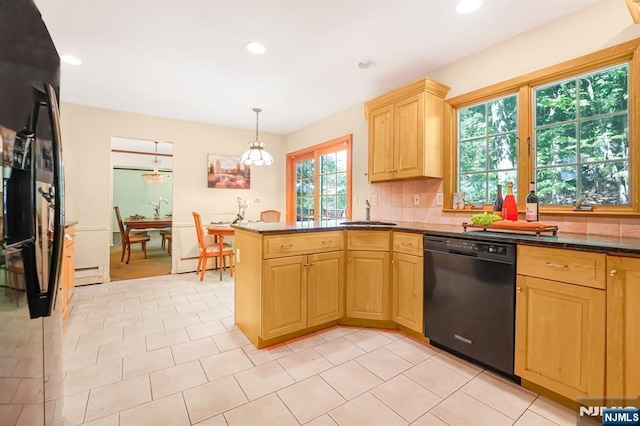 kitchen with dishwasher, baseboard heating, recessed lighting, a peninsula, and light brown cabinetry