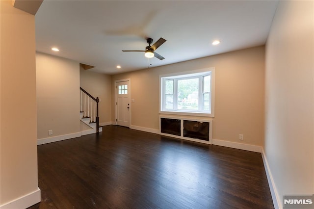 155 Liberty Rd, Teaneck, NJ 07666 - entrance foyer featuring stairway, dark wood finished floors, ceiling fan, recessed lighting, and baseboards