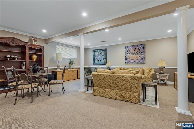 75 Windsor Ln, Ramsey, NJ 07446 - living area featuring decorative columns, carpet floors, crown molding, recessed lighting, and baseboards