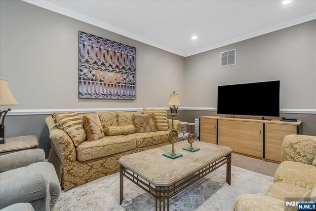 75 Windsor Ln, Ramsey, NJ 07446 - living area featuring recessed lighting, crown molding, and light colored carpet