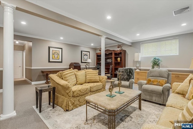 75 Windsor Ln, Ramsey, NJ 07446 - living area with decorative columns, recessed lighting, baseboards, and crown molding