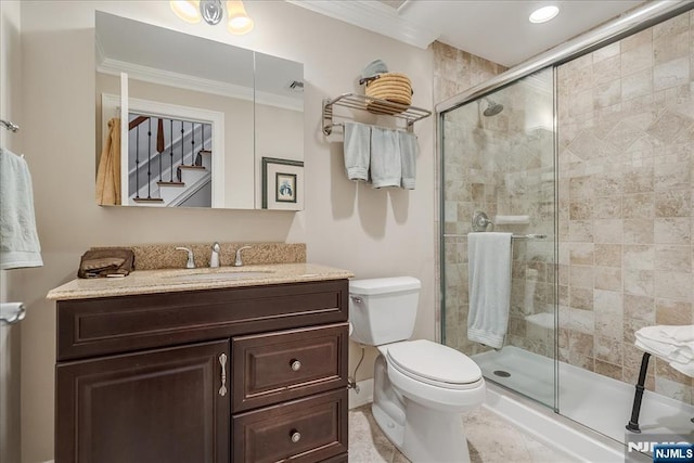 75 Windsor Ln, Ramsey, NJ 07446 - bathroom featuring ornamental molding, a stall shower, toilet, and vanity