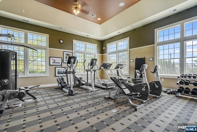 75 Windsor Ln, Ramsey, NJ 07446 - exercise room featuring baseboards, carpet floors, ceiling fan, recessed lighting, and a towering ceiling