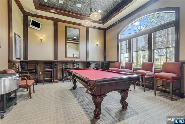 75 Windsor Ln, Ramsey, NJ 07446 - playroom with crown molding, carpet floors, a towering ceiling, billiards table, and a tray ceiling