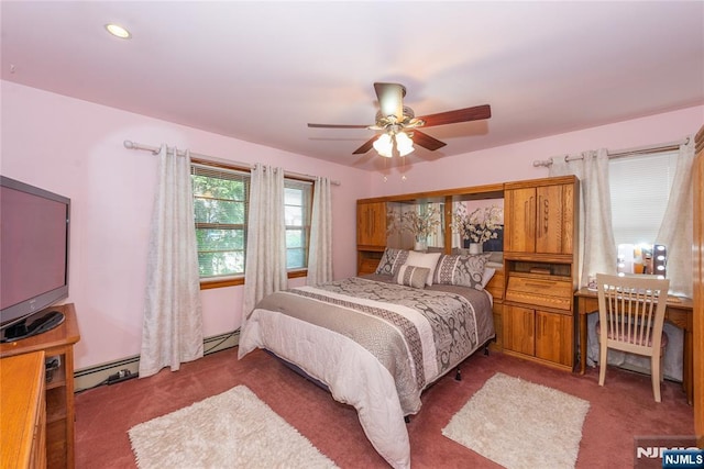 bedroom featuring carpet flooring, baseboard heating, a ceiling fan, and recessed lighting