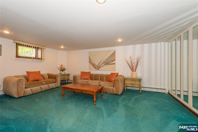 living room with carpet floors and recessed lighting