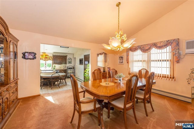 dining space with light colored carpet, a baseboard radiator, a chandelier, vaulted ceiling, and an AC wall unit