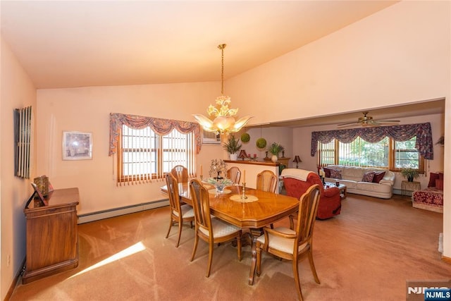 dining area with baseboard heating, carpet, a chandelier, high vaulted ceiling, and ceiling fan