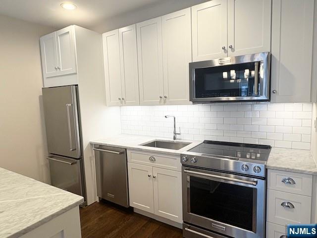kitchen featuring high end appliances, a sink, dark wood finished floors, white cabinets, and decorative backsplash