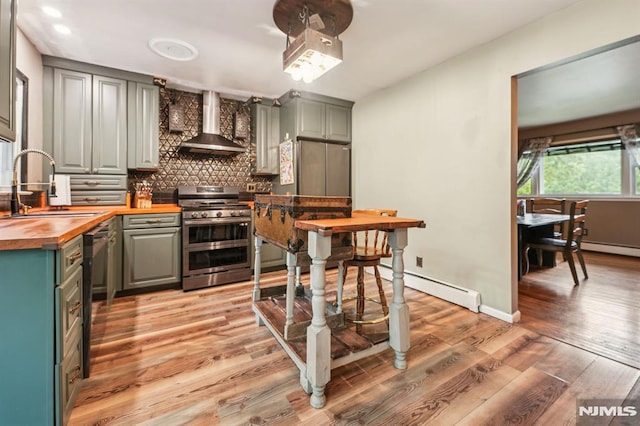 11 Beech Ct, Ringwood, NJ 07456 - kitchen with butcher block countertops, wall chimney exhaust hood, double oven range, a sink, and light wood-type flooring