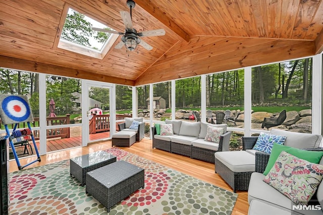 living room with a ceiling fan, wood finished floors, wooden ceiling, and a skylight