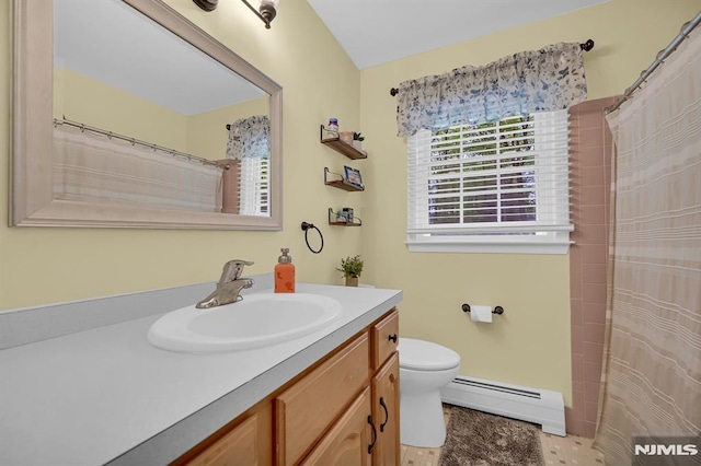 bathroom featuring a baseboard radiator, toilet, vanity, and a shower with shower curtain