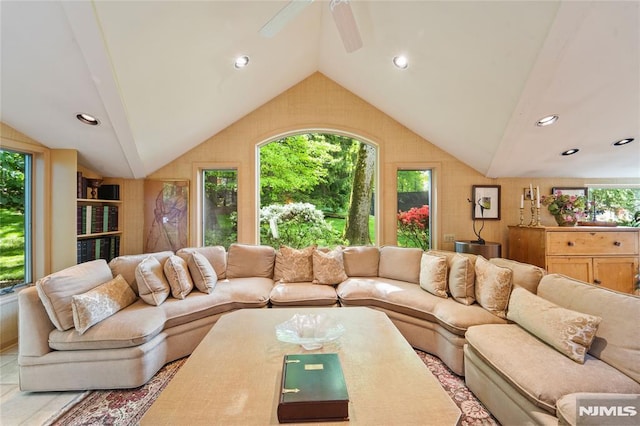 2 Canterbury Ct, Alpine, NJ 07620 - living area with vaulted ceiling, ceiling fan, and recessed lighting