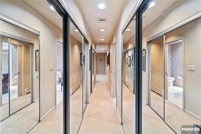 2 Canterbury Ct, Alpine, NJ 07620 - hall featuring baseboard heating, a baseboard heating unit, recessed lighting, and light colored carpet