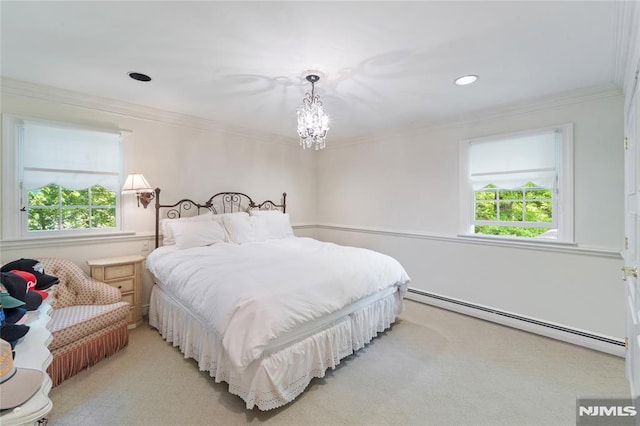 2 Canterbury Ct, Alpine, NJ 07620 - bedroom with baseboard heating, light carpet, crown molding, a chandelier, and recessed lighting