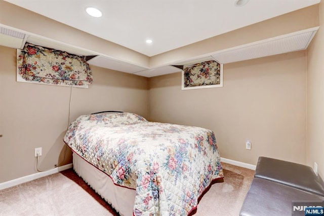 carpeted bedroom with baseboards and recessed lighting