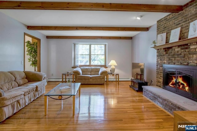 2 Morgan Ct, Montvale, NJ 07645 - living room with light wood-type flooring, a fireplace, baseboard heating, beam ceiling, and a baseboard heating unit