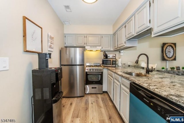 4 Winter Park Dr Unit 4, Vernon, NJ 07462 - kitchen featuring appliances with stainless steel finishes, a sink, under cabinet range hood, light wood-style floors, and light stone countertops