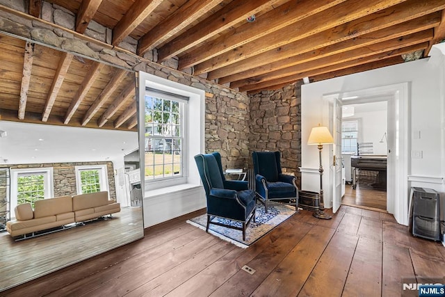 868 Goffle Rd, Hawthorne, NJ 07506 - living area with beamed ceiling, wood-type flooring, wood ceiling, and heating unit