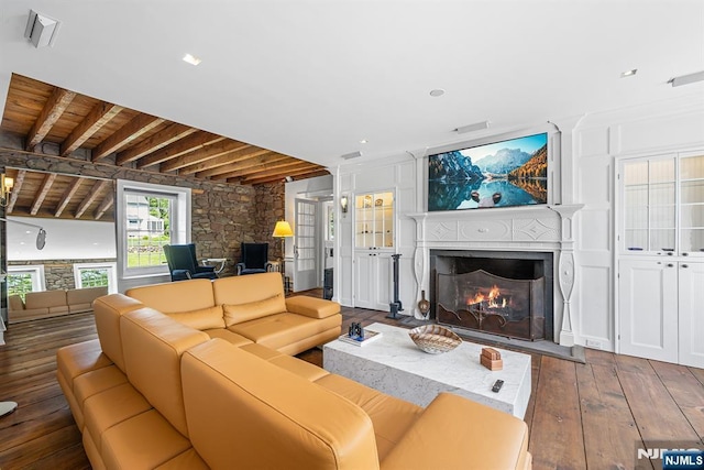868 Goffle Rd, Hawthorne, NJ 07506 - living room featuring a lit fireplace, hardwood / wood-style floors, beamed ceiling, and wood ceiling