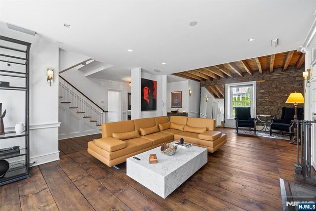 868 Goffle Rd, Hawthorne, NJ 07506 - living area featuring wood-type flooring, stairs, and beamed ceiling