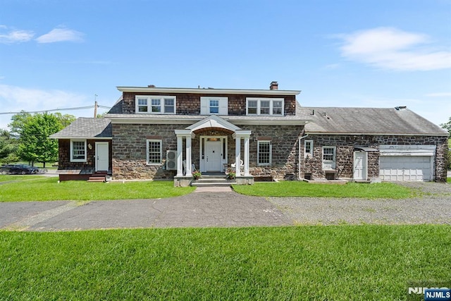 868 Goffle Rd, Hawthorne, NJ 07506 - shingle-style home featuring a chimney, a front yard, an attached garage, and stone siding