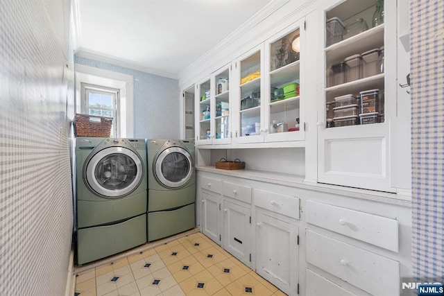 868 Goffle Rd, Hawthorne, NJ 07506 - laundry room with independent washer and dryer, wallpapered walls, crown molding, light tile patterned floors, and cabinet space