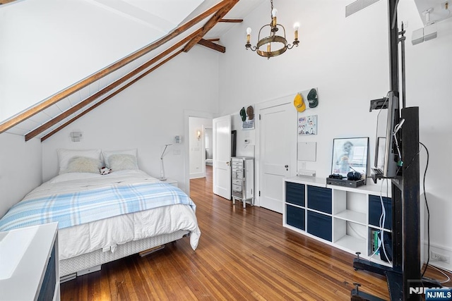 868 Goffle Rd, Hawthorne, NJ 07506 - bedroom with high vaulted ceiling, a chandelier, beam ceiling, and dark wood finished floors
