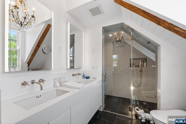 868 Goffle Rd, Hawthorne, NJ 07506 - bathroom with a chandelier, a stall shower, toilet, and double vanity