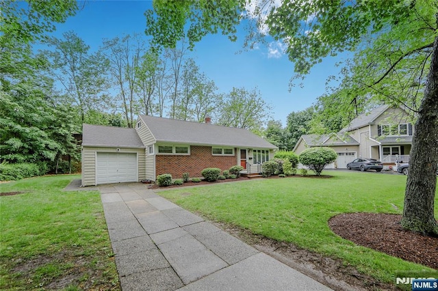 38 Pitcairn Ave, Ho-Ho-Kus, NJ 07423 - view of front of house featuring an attached garage, driveway, a front yard, and a chimney