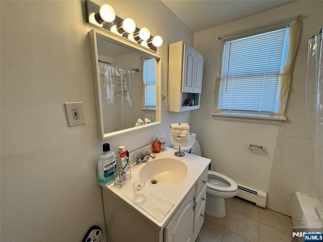 717 1st St, Lyndhurst, NJ 07071 - full bath featuring a baseboard heating unit, tile patterned floors, toilet, vanity, and curtained shower