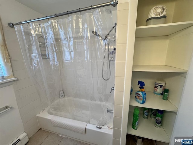 717 1st St, Lyndhurst, NJ 07071 - bathroom with a baseboard heating unit, shower / tub combo, and tile patterned flooring