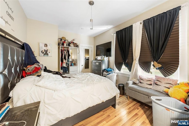 bedroom with wood finished floors and a closet