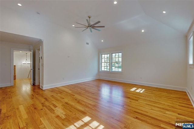 unfurnished room featuring recessed lighting, baseboards, a ceiling fan, light wood-style floors, and high vaulted ceiling