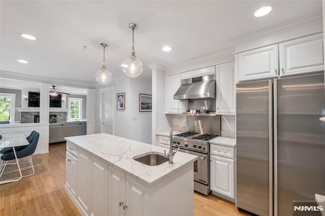 kitchen with stainless steel appliances, ventilation hood, a kitchen island, white cabinetry, and crown molding