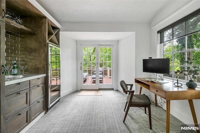 office area with light carpet, healthy amount of natural light, baseboards, and a textured ceiling