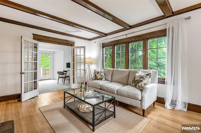 living room featuring french doors, healthy amount of natural light, light wood finished floors, and beam ceiling