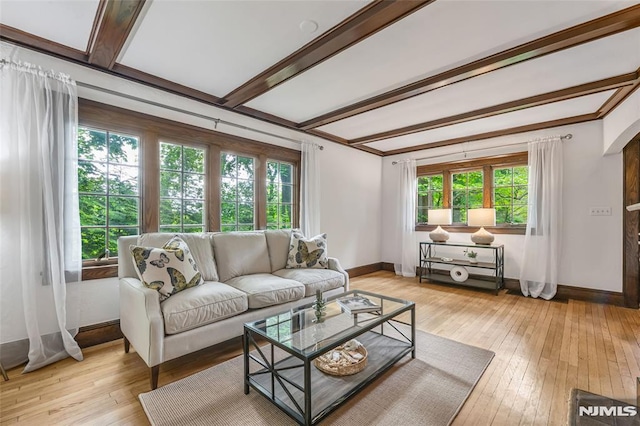 living room featuring healthy amount of natural light, beamed ceiling, baseboards, and light wood-type flooring