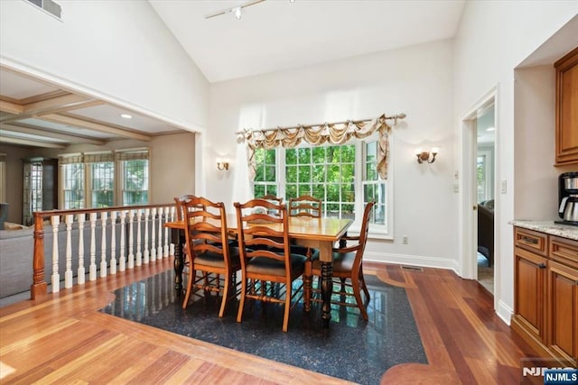 15 Hamilton Rd, Morristown Town, NJ 07960 - dining area featuring dark wood-type flooring, baseboards, track lighting, and high vaulted ceiling