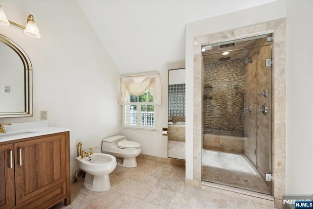 15 Hamilton Rd, Morristown Town, NJ 07960 - bathroom with a bidet, a stall shower, vanity, toilet, and vaulted ceiling
